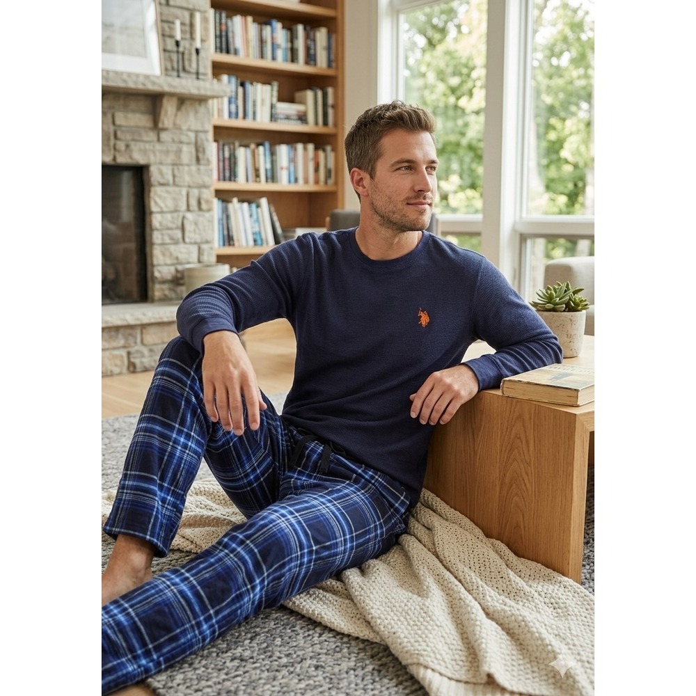 U.S. Polo Assn. Pajama Set Men's Small Navy Blue Plaid Flannel Drawstring